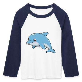 Tier Cartoon Delfin - Frauen Cropped Baseball T-Shirt 3/4 Arm - Weiß/Navy  - Vorne - Maraike (178cm)