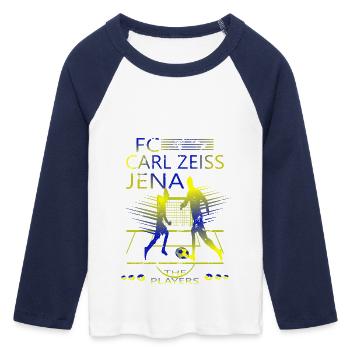 FC Carl Zeiss Jena - T-shirt Crop Top de Baseball Manches 3/4 Femme - blanc/marine  - Devant - Maraike (178cm)