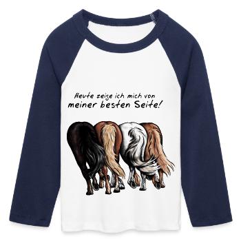 Beste Seite zeigen! - Frauen Cropped Baseball T-Shirt 3/4 Arm - Weiß/Navy  - Vorne - Maraike (178cm)