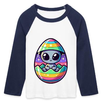 Alien Osterei-Schlüpfen Design: Bunte Überraschung - Frauen Cropped Baseball T-Shirt 3/4 Arm - Weiß/Navy  - Vorne - Maraike (178cm)