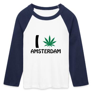 I Love Amsterdam - Frauen Cropped Baseball T-Shirt 3/4 Arm - Weiß/Navy  - Vorne - Maraike (178cm)