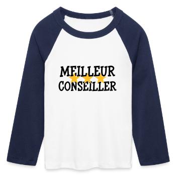 Meilleur Conseiller - T-shirt Crop Top de Baseball Manches 3/4 Femme - blanc/marine  - Devant - Maraike (178cm)