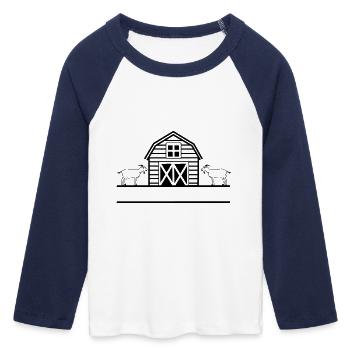 Élevage caprin avec deux chèvres - T-shirt Crop Top de Baseball Manches 3/4 Femme - blanc/marine  - Devant - Maraike (178cm)
