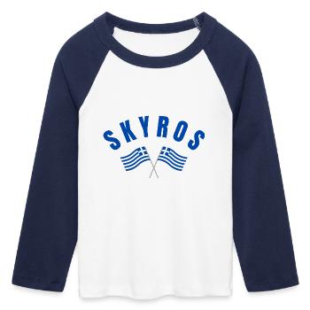 Drapeaux croisés grecs de Skyros - T-shirt Crop Top de Baseball Manches 3/4 Femme - blanc/marine  - Devant - Maraike (178cm)