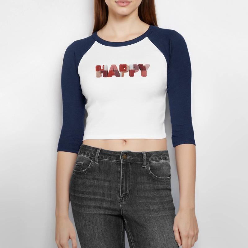 Happy Patchwork Design Fabric Patchwork Look Women's Cropped 3/4 Sleeve Baseball T-Shirt