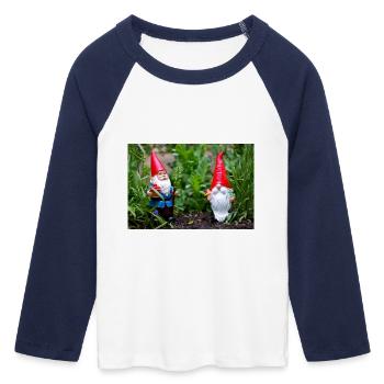 Garden gnome in the flower garden - Women's Cropped 3/4 Sleeve Baseball T-Shirt - white/navy  - Front - Maraike (178cm)
