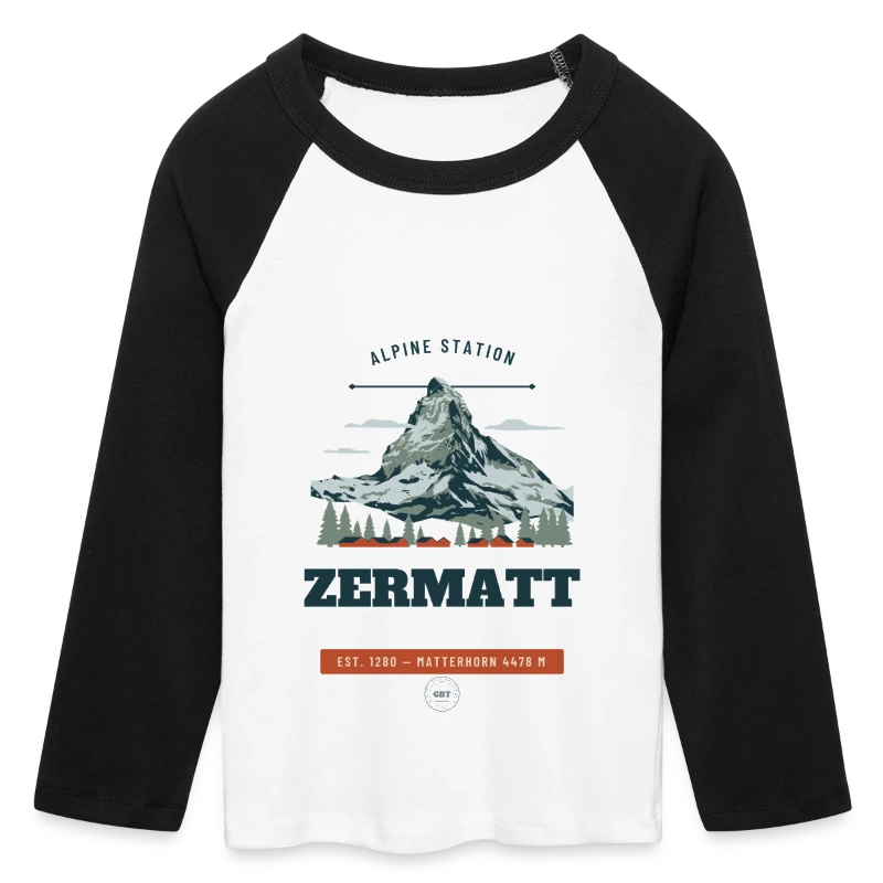 Zermatt badge on a women's cropped 3/4 sleeve baseball t-shirt