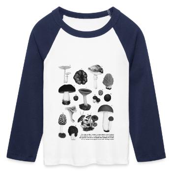 Joyaux de la forêt - Composition de champignons sauvages botaniques - T-shirt Crop Top de Baseball Manches 3/4 Femme - blanc/marine  - Devant - Maraike (178cm)