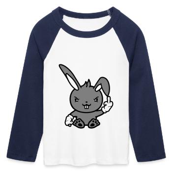Lapin Majeur Montrer Méchant Coquin Insultant - T-shirt Crop Top de Baseball Manches 3/4 Femme - blanc/marine  - Devant - Maraike (178cm)