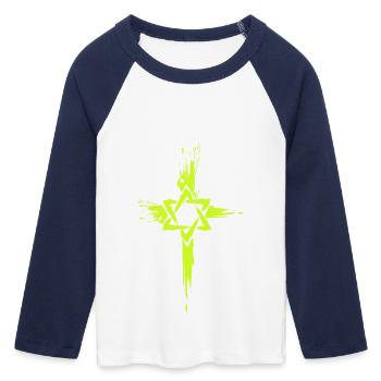 Messianische Juden Kreuz Symbol - Frauen Cropped Baseball T-Shirt 3/4 Arm - Weiß/Navy  - Vorne - Maraike (178cm)