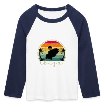 IBIZA - Sundown - Sonnenuntergang - Vintage Sunset - Frauen Cropped Baseball T-Shirt 3/4 Arm - Weiß/Navy  - Vorne - Maraike (178cm)