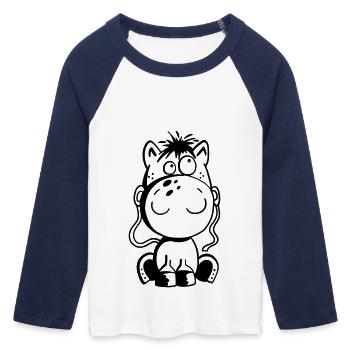Petit cheval - poney - bande dessinée - cheval - T-shirt Crop Top de Baseball Manches 3/4 Femme - blanc/marine  - Devant - Maraike (178cm)