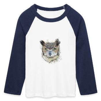 Owl - Women's Cropped 3/4 Sleeve Baseball T-Shirt - white/navy  - Front - Maraike (178cm)