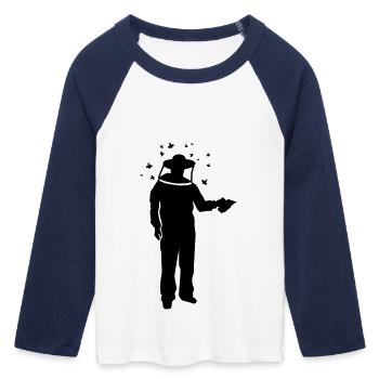 Imker - Frauen Cropped Baseball T-Shirt 3/4 Arm - Weiß/Navy  - Vorne - Maraike (178cm)