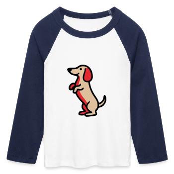 Süßer Dackel Hund Männchen Comic - Frauen Cropped Baseball T-Shirt 3/4 Arm - Weiß/Navy  - Vorne - Maraike (178cm)