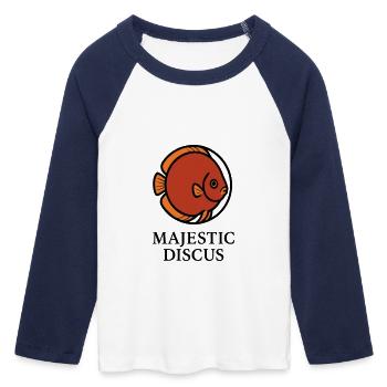 Majestätischer kreisförmiger Diskusfisch-Logo - Frauen Cropped Baseball T-Shirt 3/4 Arm - Weiß/Navy  - Vorne - Maraike (178cm)