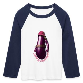 Jane goes vegan - Women's Cropped 3/4 Sleeve Baseball T-Shirt - white/navy  - Front - Maraike (178cm)