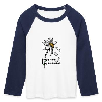 Schwarzweiße Gänseblümchen mit goldenem Zentrum - Frauen Cropped Baseball T-Shirt 3/4 Arm - Weiß/Navy  - Vorne - Maraike (178cm)