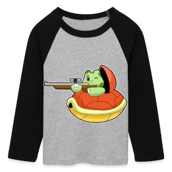 Fusil de sniper Tortue - T-shirt Crop Top de Baseball Manches 3/4 Femme - gris chiné/noir - Devant - Maraike (178cm)