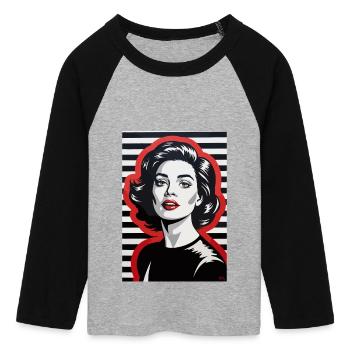 Portrait rétro élégant avec motif rayé - T-shirt Crop Top de Baseball Manches 3/4 Femme - gris chiné/noir - Devant - Maraike (178cm)