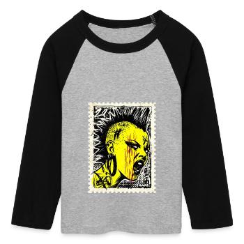 Wilde Punk Frau mit Iro und Wut auf Briefmarke - Frauen Cropped Baseball T-Shirt 3/4 Arm - Grau meliert/Schwarz - Vorne - Maraike (178cm)