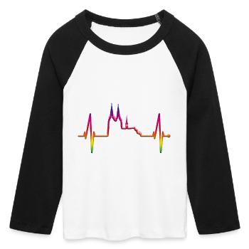 Köln Herzschlag Skyline Kölner Dom LGBT Regenbogen - Frauen Cropped Baseball T-Shirt 3/4 Arm - Weiß/Schwarz - Vorne - Maraike (178cm)