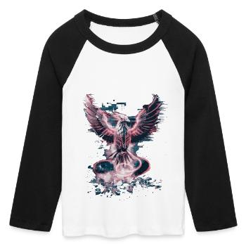 Cyber Phoenix – Digitale Wiedergeburt & Tech-Aufstieg - Frauen Cropped Baseball T-Shirt 3/4 Arm - Weiß/Schwarz - Vorne - Maraike (178cm)