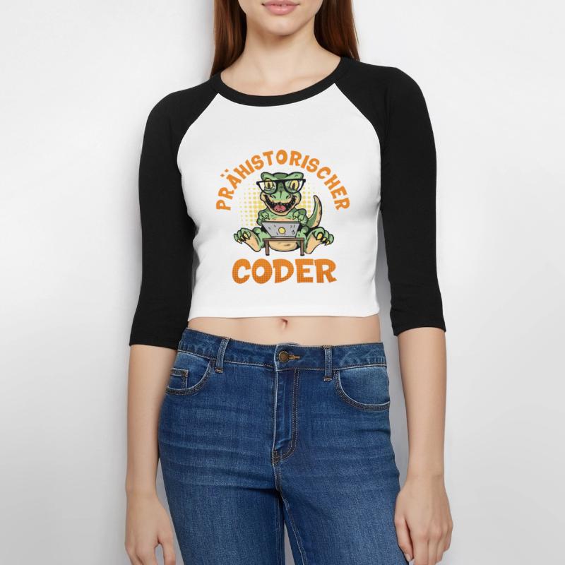Coding PREHISTORIC CODER Fun Women's Cropped 3/4 Sleeve Baseball T-Shirt