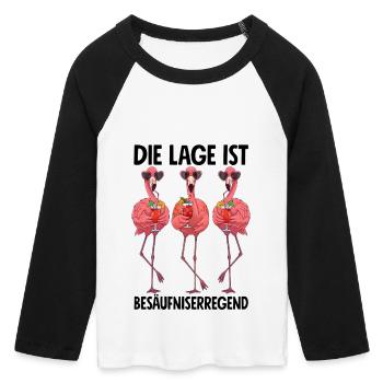 Die Lage Ist Besäufniserregend mit Flamingos - Frauen Cropped Baseball T-Shirt 3/4 Arm - Weiß/Schwarz - Vorne - Maraike (178cm)