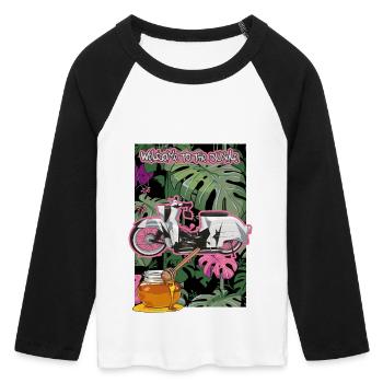 Schwalbe (camouflage) // Illustration - Frauen Cropped Baseball T-Shirt 3/4 Arm - Weiß/Schwarz - Vorne - Maraike (178cm)