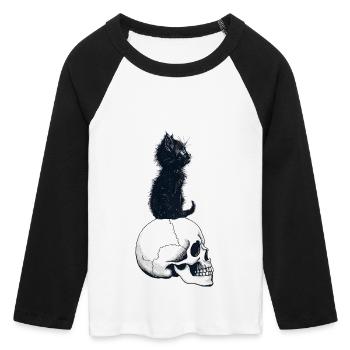 Chaton mignon assis sur un crâne - T-shirt Crop Top de Baseball Manches 3/4 Femme - blanc/noir - Devant - Maraike (178cm)