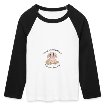 Je ne suis pas votre expérience - Arrêtez les tests sur les animaux - T-shirt Crop Top de Baseball Manches 3/4 Femme - blanc/noir - Devant - Maraike (178cm)