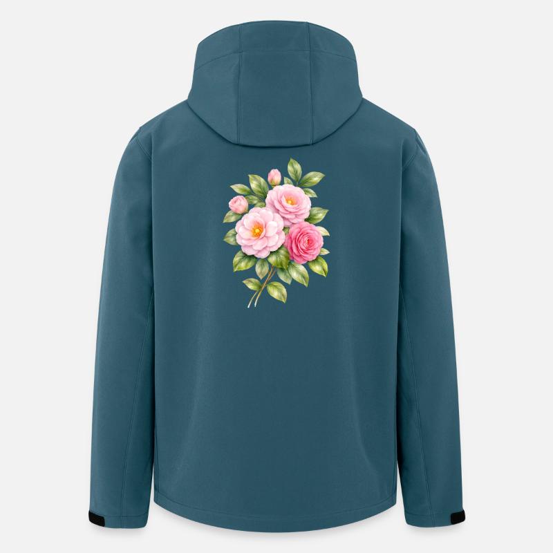 Illustration des fleurs de camélia rose - Veste softshell homme en polyester recyclé Stanley/Stella - bleu pétrole foncé