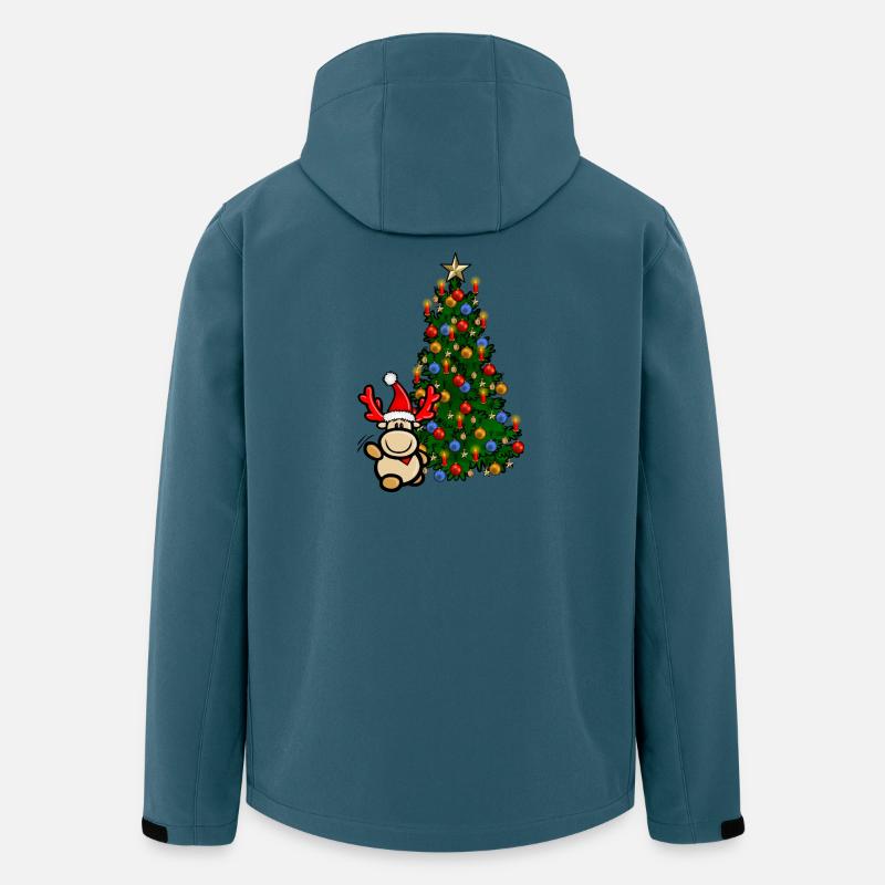 Renne Elmondo devant un sapin de Noël coloré - Veste softshell homme en polyester recyclé Stanley/Stella - bleu pétrole foncé