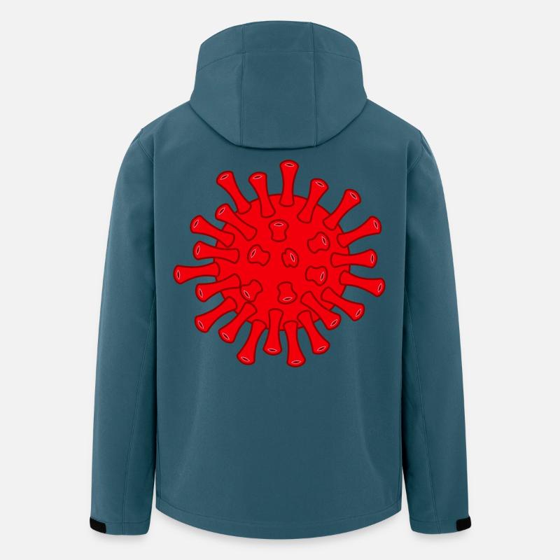 Illustration af rødt Covid-molekyle - Stanley/Stella herre softshelljakke i genanvendt polyester Discoverer - mørk petrol
