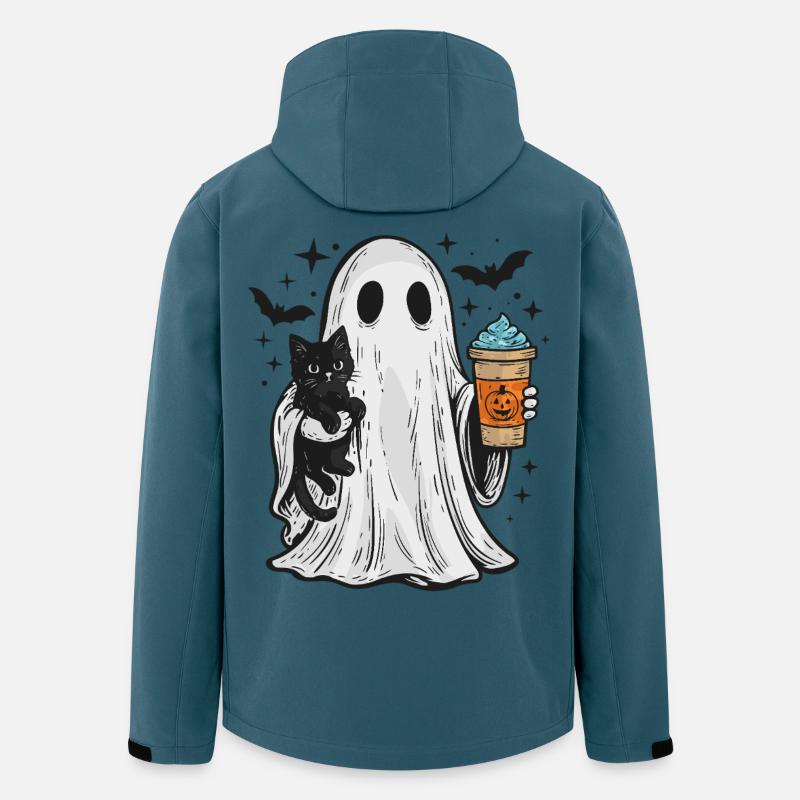Fantôme d’Halloween avec chat et café - Veste softshell homme en polyester recyclé Stanley/Stella - bleu pétrole foncé