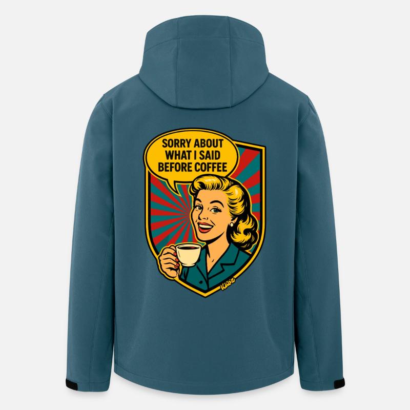 Før kaffe – Retro Meme - Stanley/Stella herre softshelljakke i genanvendt polyester Discoverer - mørk petrol