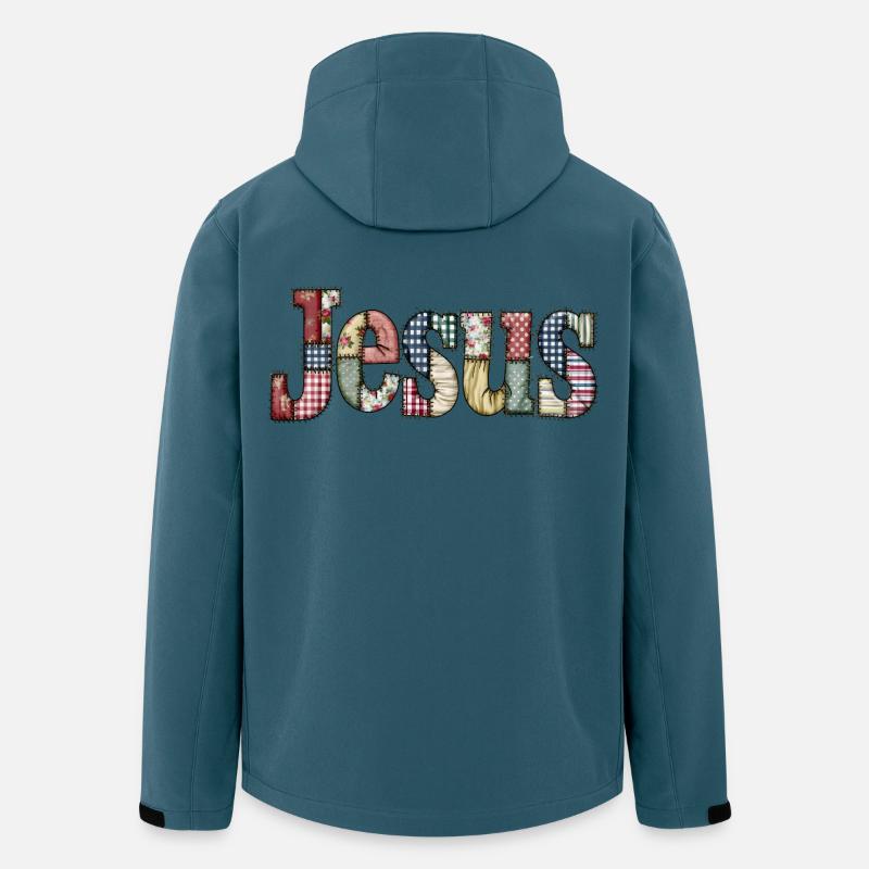 Lettrage Jésus en patchwork - Veste softshell homme en polyester recyclé Stanley/Stella - bleu pétrole foncé