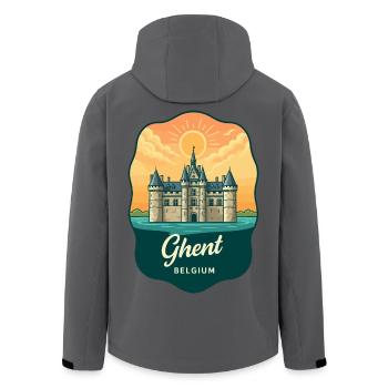 Retro-Sonnenuntergangsabzeichen des Schlosses Gravensteen Gent - Recycelte Männer Softshell-Jacke von Stanley/Stella - Dunkles Petrol - Hinten - AI Model Male 185 light (185cm)