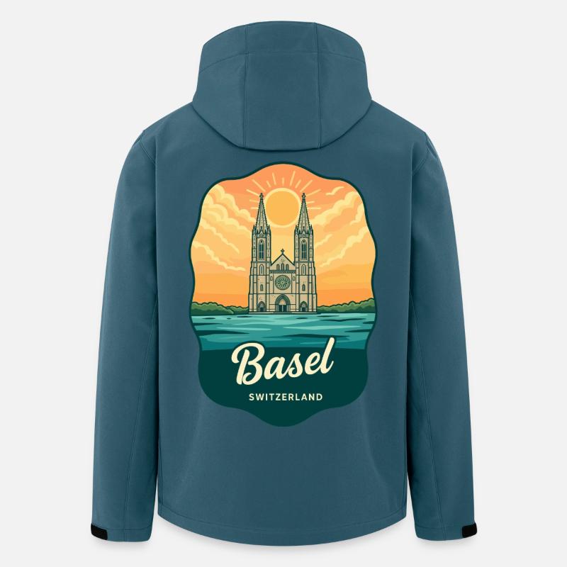 Basel Minster Retro Sonnenuntergangs-Reiseabzeichen - Recycelte Männer Softshell-Jacke von Stanley/Stella - Dunkles Petrol