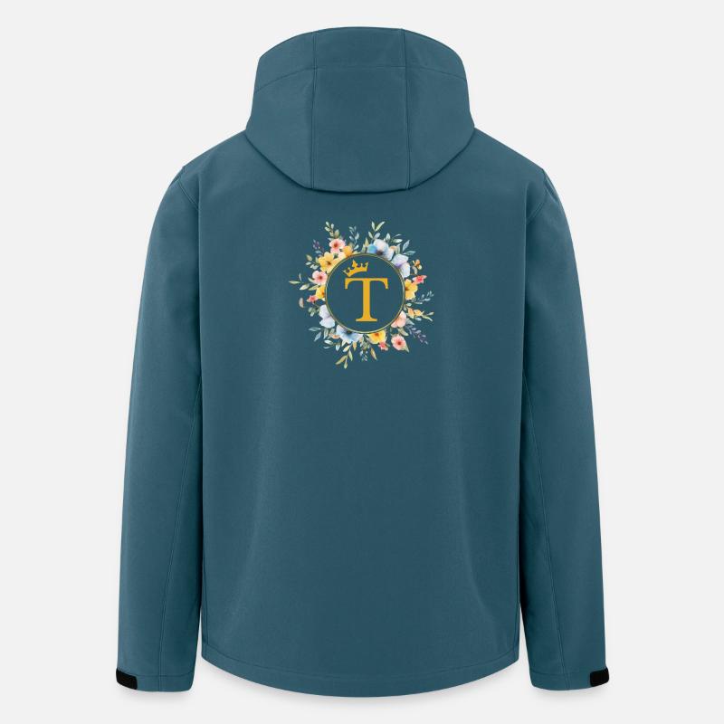 T monogramme, cercle de fleurs, personnalisable - Veste softshell homme en polyester recyclé Stanley/Stella - bleu pétrole foncé