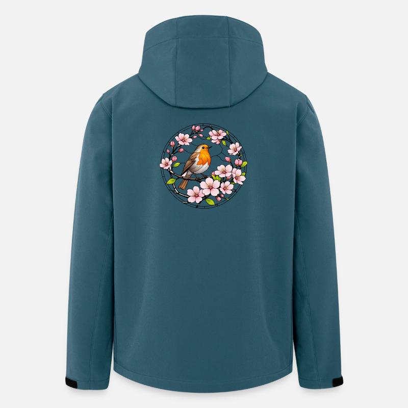 Rotkehlchen mit Kirschblüten Glasfensterstil  - Recycelte Männer Softshell-Jacke von Stanley/Stella - Dunkles Petrol
