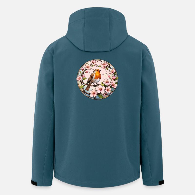 Rotkehlchen mit Kirschblüten Frühlingsmotiv - Recycelte Männer Softshell-Jacke von Stanley/Stella - Dunkles Petrol