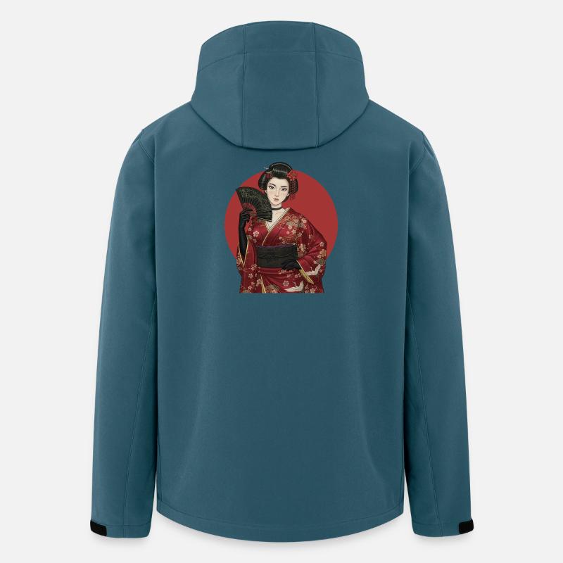 Geisha i röd kimono med solfjäder - Softshelljacka herr i återvunnen polyester Stanley/Stella - mörk petrol
