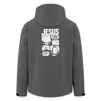 Conception de bandes dessinées « Jésus t’aime » - Veste softshell homme en polyester recyclé Stanley/Stella - noir - Dos - AI Model Male 185 light (185cm)