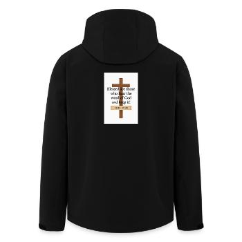 Kreuzzitate: Selige, die Gottes Wort hören - Recycelte Männer Softshell-Jacke von Stanley/Stella - Schwarz - Hinten - AI Model Male 185 light (185cm)