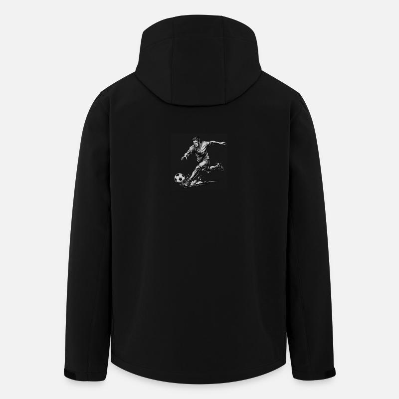 Dynamisk fodboldspiller i tegneseriestil - Stanley/Stella herre softshelljakke i genanvendt polyester Discoverer - sort