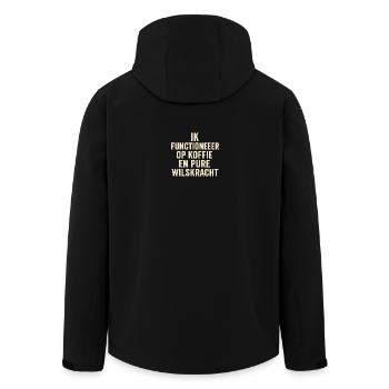 Coffee and Willekracht Quote - Men’s Recycled Softshell Jacket by Stanley/Stella - black - Back - AI Model Male 185 light (185cm)