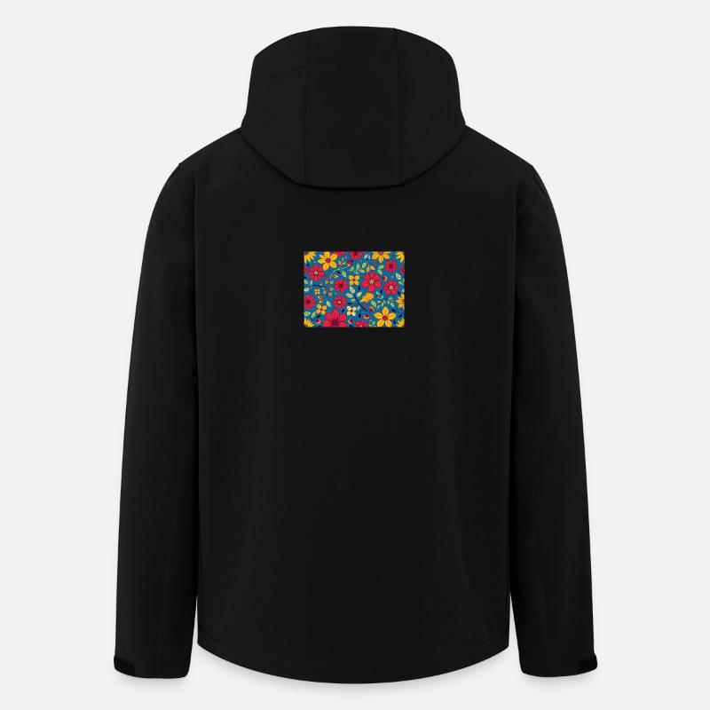 Blumiges Muster mit Rot und Gelb auf Blau - Recycelte Männer Softshell-Jacke von Stanley/Stella - Schwarz