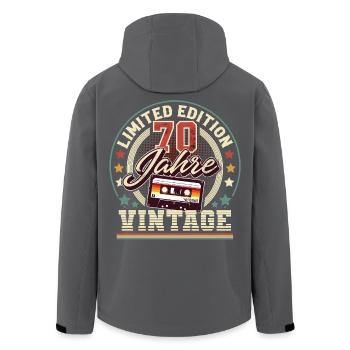 70th Birthday Vintage - Men’s Recycled Softshell Jacket by Stanley/Stella - black - Back - AI Model Male 185 light (185cm)